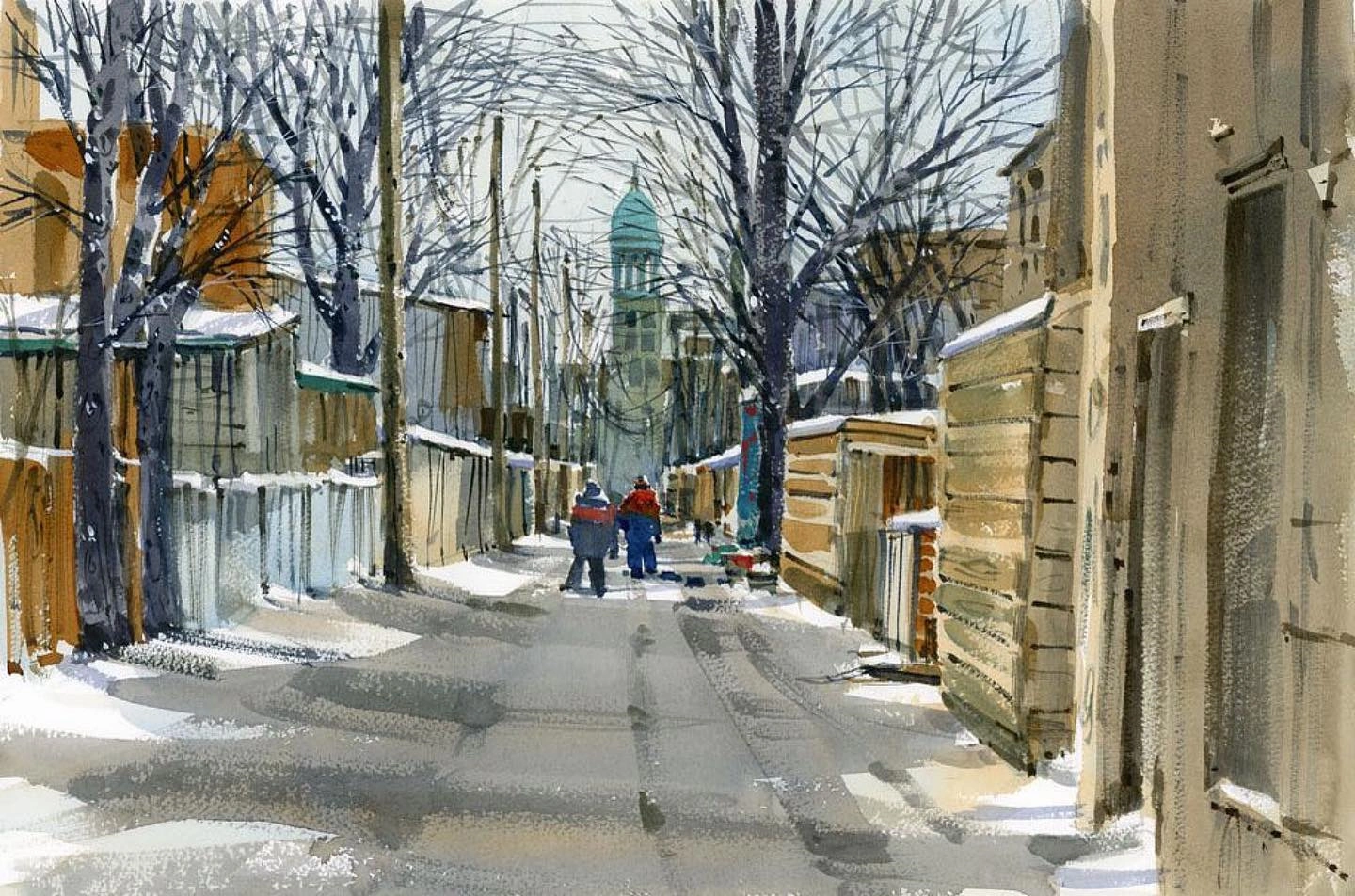 The view of the church from the alley between Drolet and Henri-Julien.<br>Watercolor by Shari Blaukopf. Used by permission.